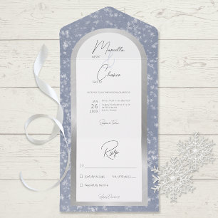 Modern Dusty Blue & Snow Silver Foil Geen Diner All In One Uitnodiging