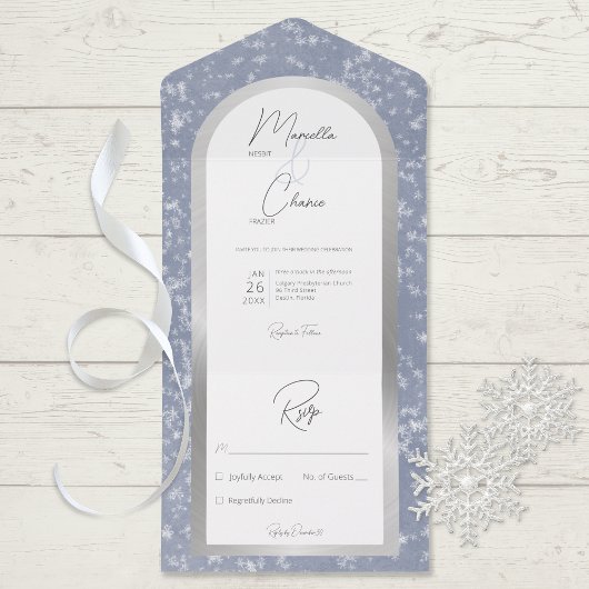 Modern Dusty Blue & Snow Silver Foil Geen Diner All In One Uitnodiging