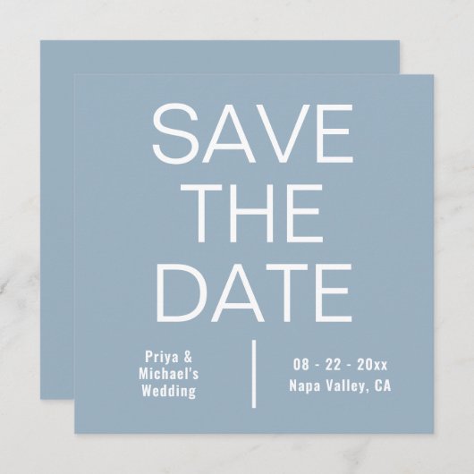 Modern Dusty Blue Square minimalist Save The Date (Voorkant / Achterkant)