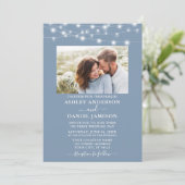 Modern Dusty Blue String Lights Photo Wedding Kaart (Staand voorkant)