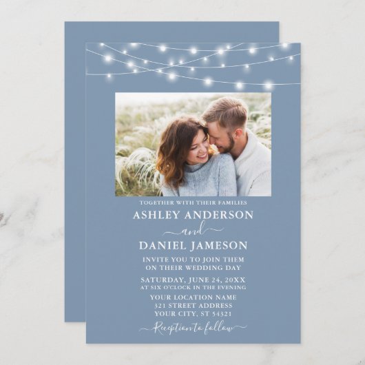 Modern Dusty Blue String Lights Photo Wedding Kaart (Voorkant / Achterkant)