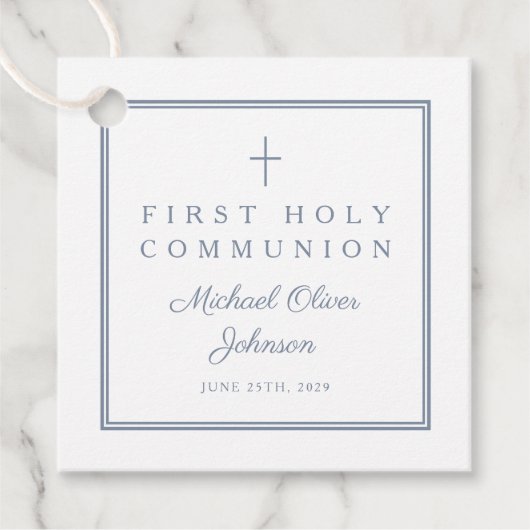 Modern Dusty Blue Thank You Boy First Communion Bedankjes Labels (Voorkant)