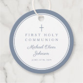 Modern Dusty Blue Thank You Boy First Communion Bedankjes Labels (Voorkant)