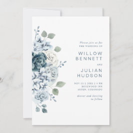 Modern Dusty Blue Waterverf Floral Wedding Kaart