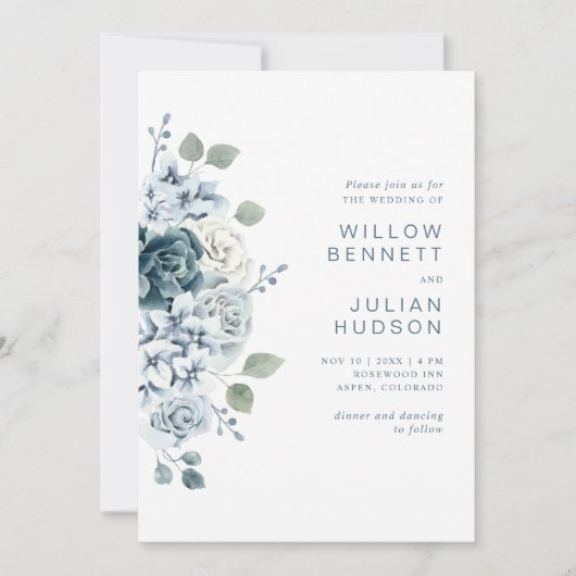 Modern Dusty Blue Waterverf Floral Wedding Kaart (Voorkant)
