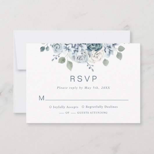 Modern Dusty Blue Waterverf Floral Wedding RSVP Kaartje (Voorkant)
