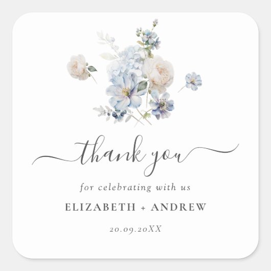 Modern Dusty Blue Waterverf Floral Wedding Vierkante Sticker (Voorkant)