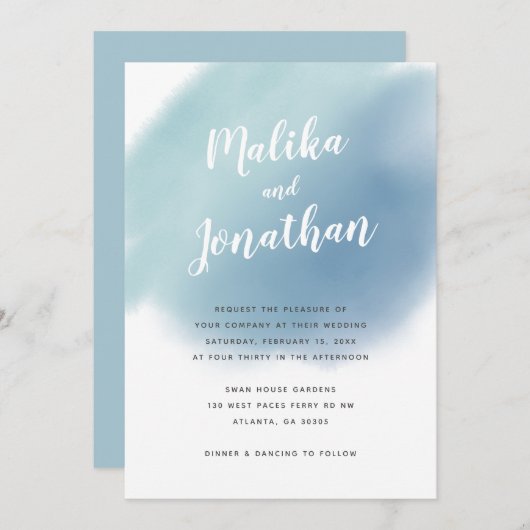 Modern Dusty Blue Waterverf Ombre Wedding Kaart (Voorkant / Achterkant)