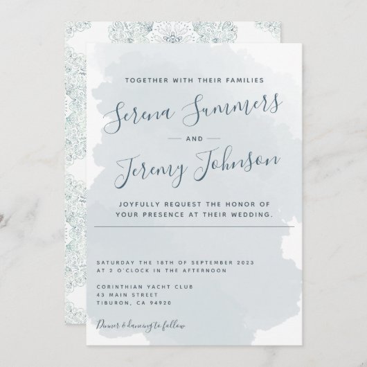 Modern Dusty Blue Waterverf Wash Beach Wedding Kaart (Voorkant / Achterkant)