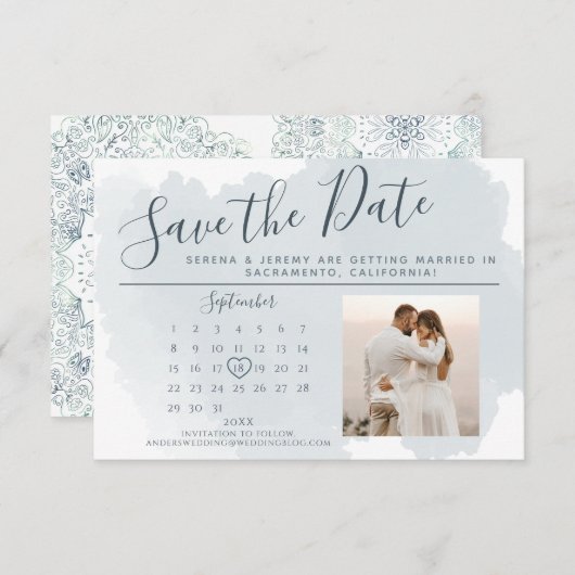 Modern Dusty Blue Waterverf Wedding Calendar Save The Date (Voorkant / Achterkant)