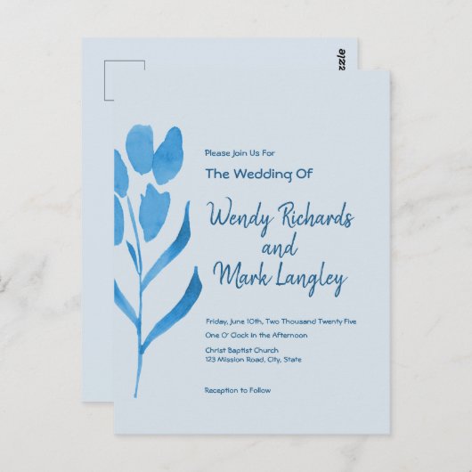 Modern Dusty Blue Waterverf Wedding Invitation Briefkaart (Voorkant / Achterkant)