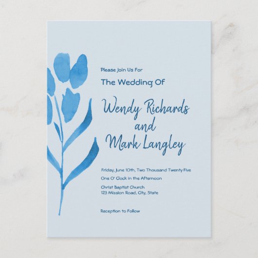 Modern Dusty Blue Waterverf Wedding Invitation Briefkaart (Voorkant)