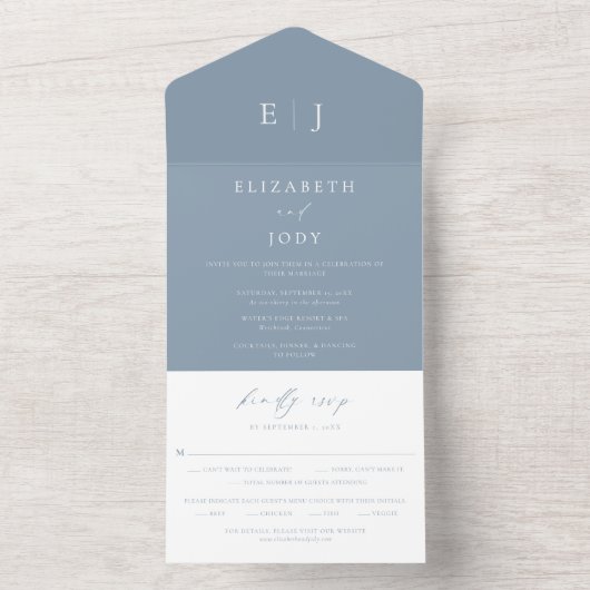 Modern Dusty Blue Wedding All In One Uitnodiging (Binnen)