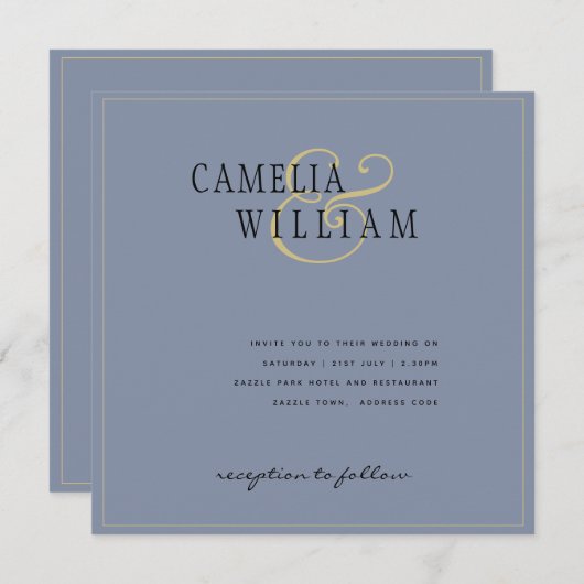 Modern Dusty Blue Wedding Invitation Gold (Voorkant / Achterkant)