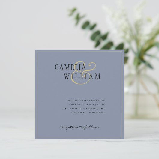 Modern Dusty Blue Wedding Invitation Gold (Staand voorkant)