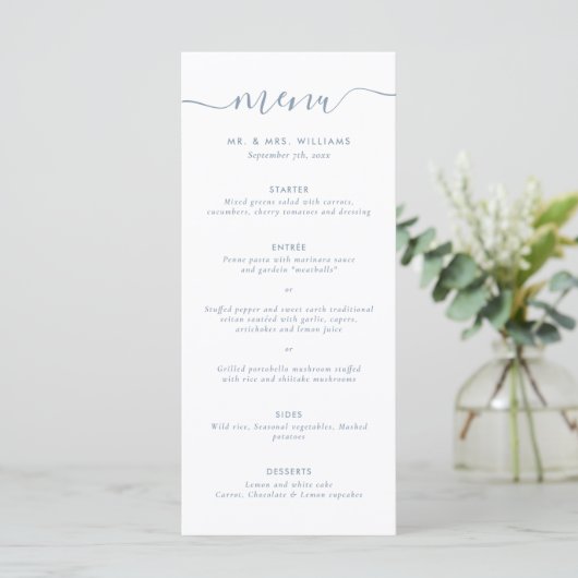 Modern Dusty Blue Wedding Menu (Staand voorkant)