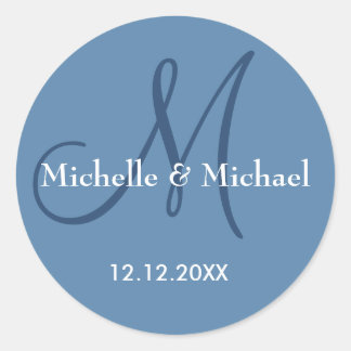 Modern Dusty Blue Wedding Monogram Ronde Sticker