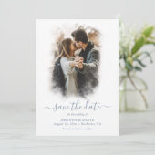 Modern Dusty Blue Wedding Photo Save the Date (Staand voorkant)