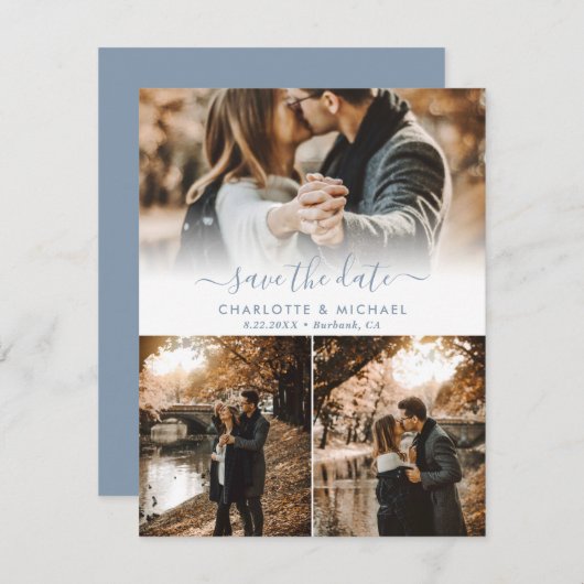 Modern Dusty Blue Wedding Photo Save the Date Kaar Aankondiging (Voorkant / Achterkant)