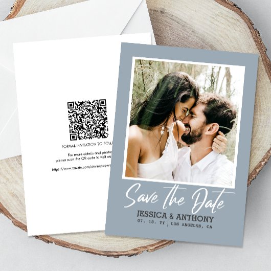 Modern Dusty Blue Wedding | QR-code Opslaan datum Kaart