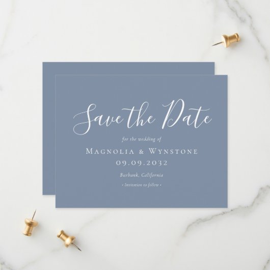 Modern Dusty Blue Wedding Save the Date (Voorkant / Achterkant in situ)