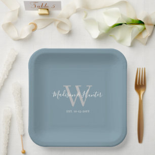 Modern Dusty Blue Wedding Script Monogram Papieren Bordje