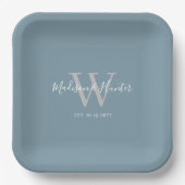 Modern Dusty Blue Wedding Script Monogram Papieren Bordje (Voorkant)