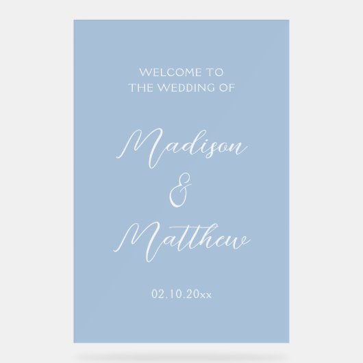 Modern Dusty Blue Wedding Welkom Acryl Bord (Voorkant)