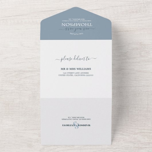 Modern Dusty Blue Whimsical Ampersand Wedding All In One Uitnodiging (Buitenkant)