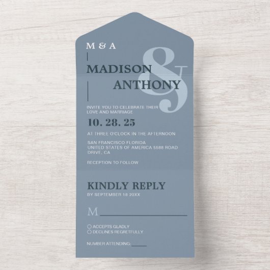 Modern Dusty Blue Whimsical Ampersand Wedding All In One Uitnodiging (Binnen)