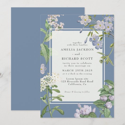 Modern Dusty Blue & White bloemenbruiloft Kaart (Voorkant / Achterkant)