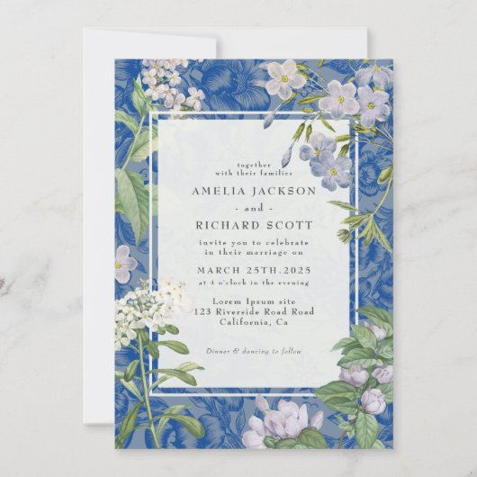 Modern Dusty Blue & White bloemenbruiloft Kaart (Voorkant)