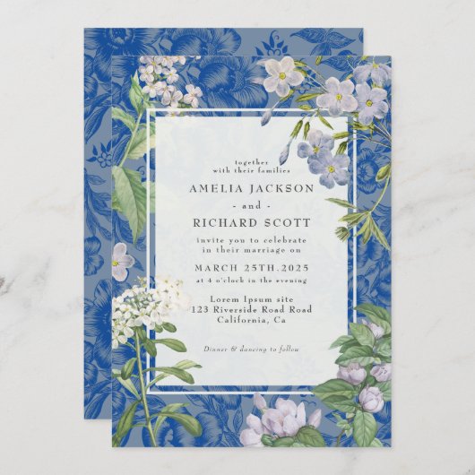 Modern Dusty Blue & White bloemenbruiloft Kaart (Voorkant / Achterkant)