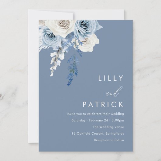 Modern Dusty Blue & White Floral Wedding Kaart (Voorkant)