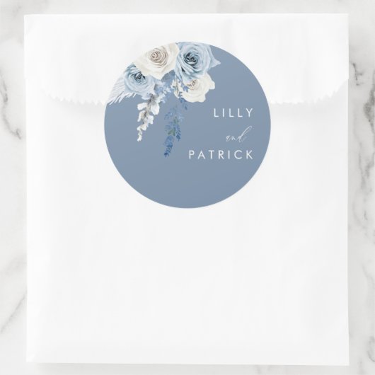 Modern Dusty Blue & White Floral Wedding Ronde Sticker (Tas)