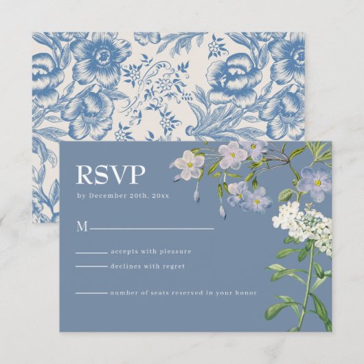 Modern Dusty Blue & White Floral Wedding RSVP Kaar (Voorkant / Achterkant)