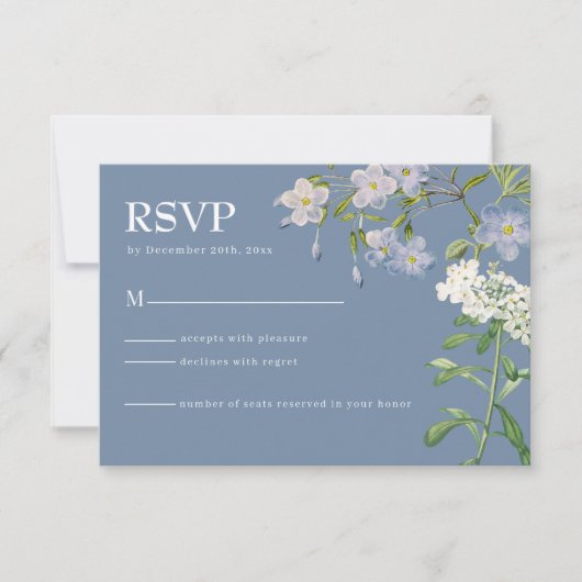 Modern Dusty Blue & White Floral Wedding RSVP Kaar Kaartje (Voorkant)