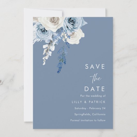 Modern Dusty Blue & White Floral Wedding Save The Date (Voorkant)