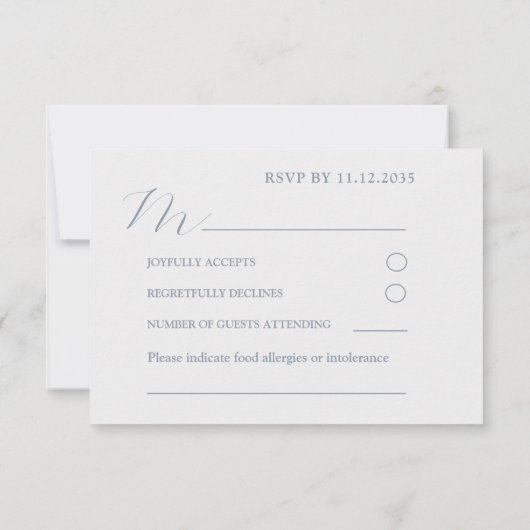 Modern Dusty Blue & White Heart RSVP Bruiloft (Achterkant)