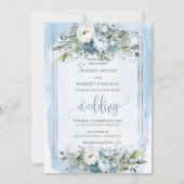 Modern Dusty Blue White Silver Rozen bruiloft Kaart (Voorkant)
