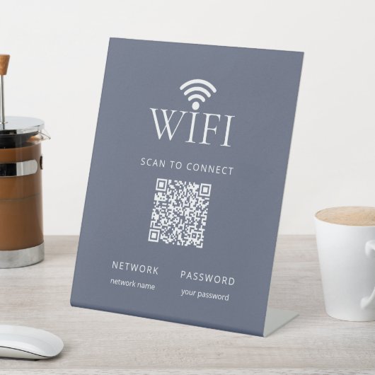 Modern Dusty Blue WiFi Network Password QR Code Reclamebord Met Voetstuk (Insitu)