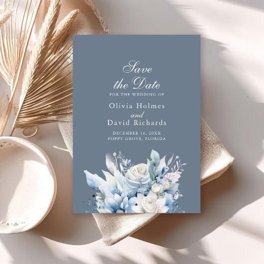 Modern Dusty Blue Wildflower Save the Date Kaart