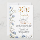 Modern Dusty Blue Wildflowers 50e Jubileum Kaart (Voorkant)