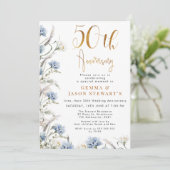 Modern Dusty Blue Wildflowers 50e Jubileum Kaart (Staand voorkant)
