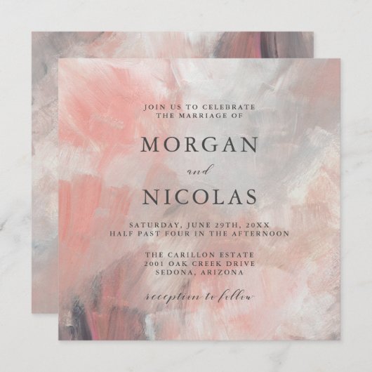 Modern Dusty Coral Abstract Brush Strokes Wedding Kaart (Voorkant / Achterkant)