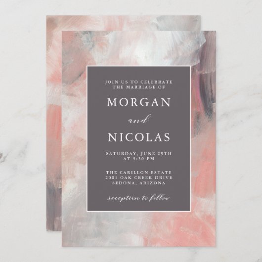 Modern Dusty Coral and Grey Brush Strokes Wedding Kaart (Voorkant / Achterkant)