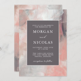 Modern Dusty Coral and Grey Brush Strokes Wedding Kaart