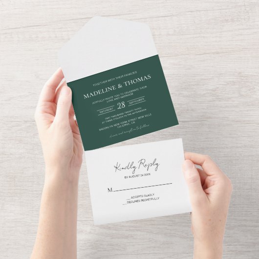 Modern Dusty Green 2 Foto RSVP Wedding All In One Uitnodiging (Afscheurbaar)