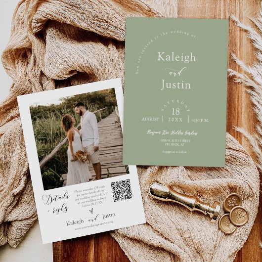 Modern Dusty Green Boho Wedding Foto QR Code RSVP Kaart