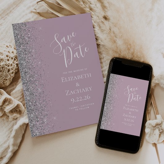 Modern Dusty Lila Silver Glitter Save the Date Aankondiging